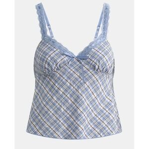 No Boundaries Lace Trim Plaid‎ Sweetheart Coquette Cami Top Blue M (8-10) NWT